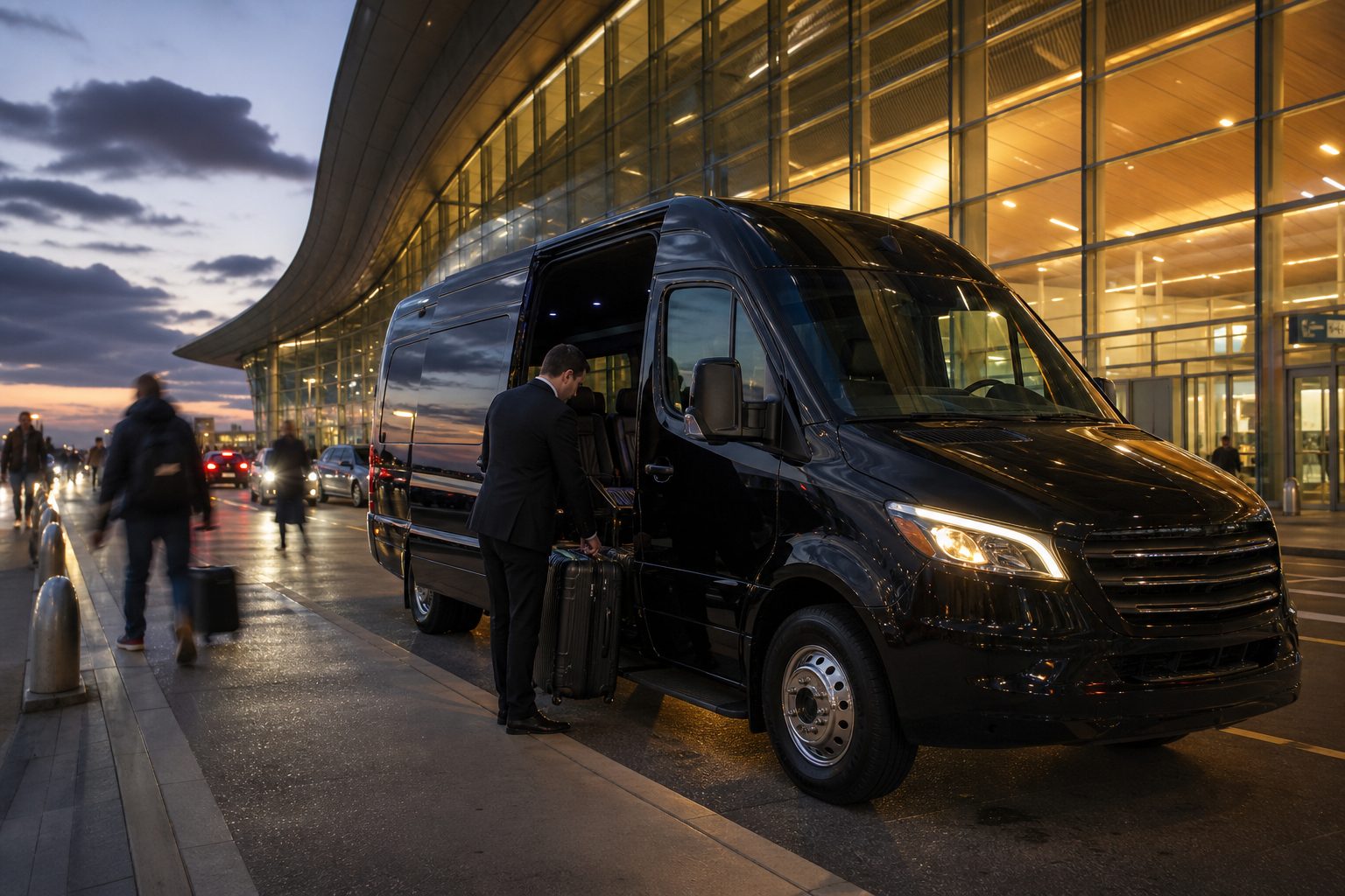 Black executive van at the airport terminal curb